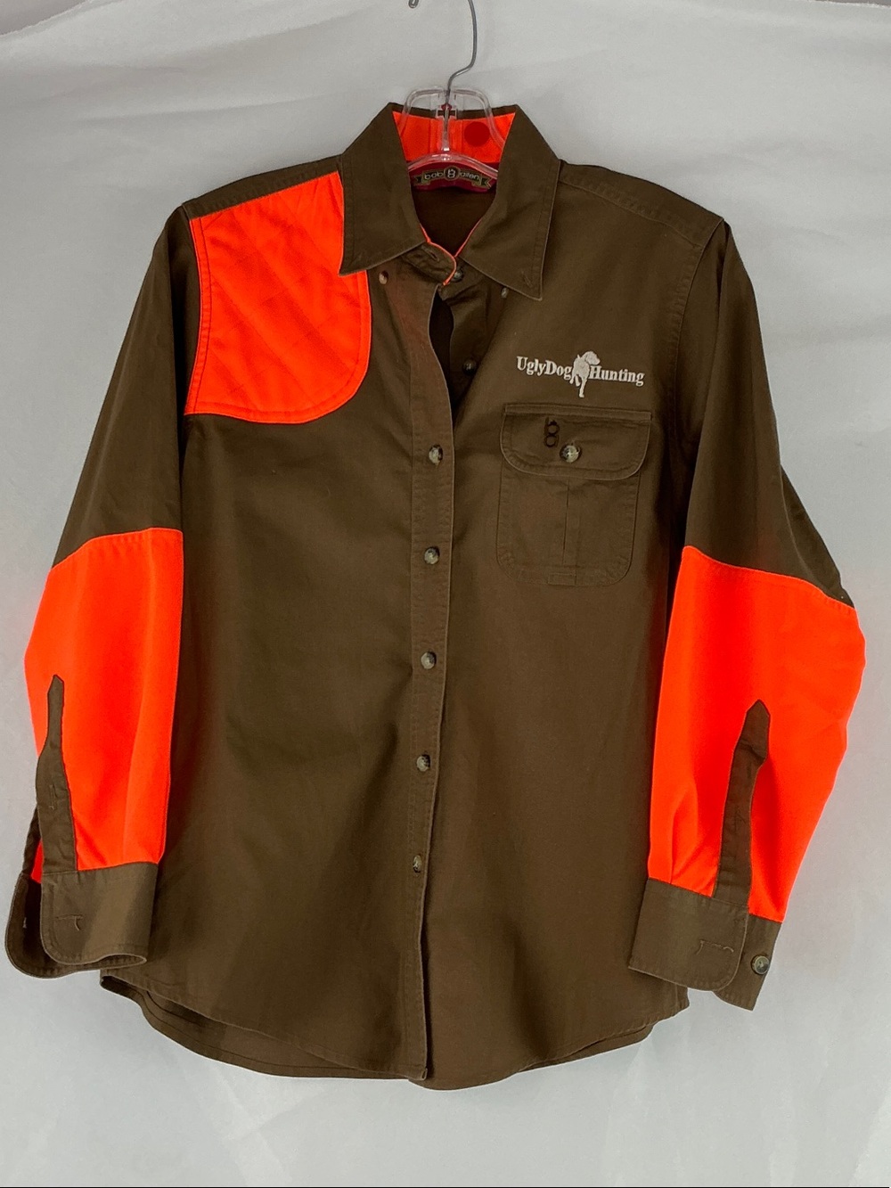 Bob Allen Ugly Dog Hunting Orange Accent Brown Button-Up Shirt Women's Size M